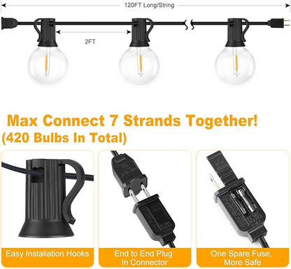 120FT Outdoor G40 LED Globe String Lights Dimmable Waterproof Shatterproof Light Strings with 60 Bulbs Connectable Commercial Hanging Lights for Christmas Patio House Backyard Balcony Party