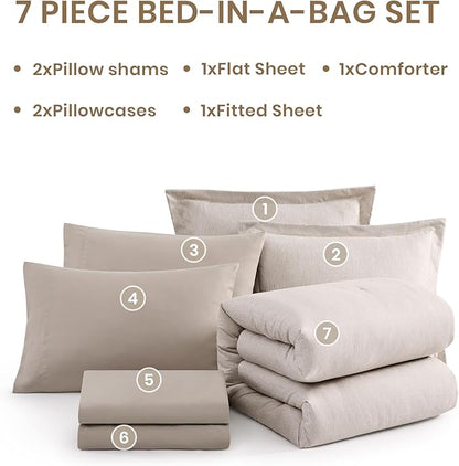 Monbix Queen Comforter Set - 7 Pieces Cationic Dyeing Oatmeal Beige Bed in a Bag Queen Bedding Sets with Comforter, Sheets, Pillowcases & Shams, Reversible Bedding Comforters Sets