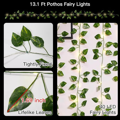 suddus Vine with Fairy Lights Battery Operated, 13.1ft 40 LED Pothos String Lights with Remote, Leaf Lights for Bedroom, Room, Wall, Garden, Party, Wedding Decor(Warm White)