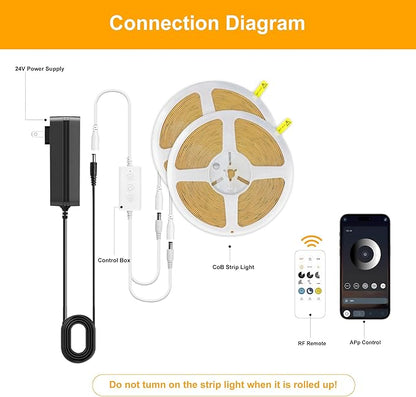 COB LED Strip Lights Natural White,24V Dimmable led Light Strip KIT with Remote and app Control,4000K 50FT/15m 8mm Wide Ra>90 Cuttable Flexible Strip Lights for Bedroom,Shelf,Cabinet