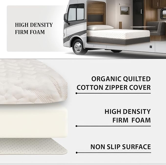Foamma 3” x 39” x 75” Camper/RV Travel High-Density Foam Bunk Mattress, Organic Cotton Cover, Made in USA, Comfortable, Travel Trailer, CertiPUR-US Certified