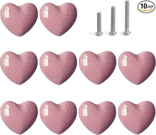 Ceramic Drawer Knobs Heart Shape Cabinet Dresser Pulls Handles with 3 Sized Screws, Kitchen Furniture Knobs for Closet Cupboard Wardrobe (10 Pack, Pink)