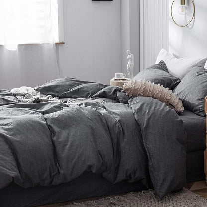 MooMee Bedding Duvet Cover Set 100% Washed Cotton Linen Like Textured Breathable Durable Soft Comfy (Heathered Dark Grey, Alaska King 132"x120")