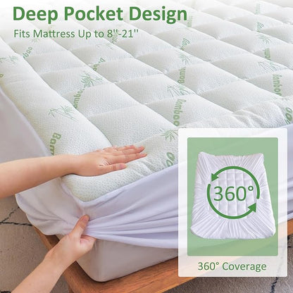 Bioeartha Cooling Mattress Topper Twin – Extra Soft Pillow Top Mattress Pad, Breathable Viscose Made from Bamboo Mattress Protector for Back Pain Relief, Deep Pocket Cover Fits 8–21 Inch