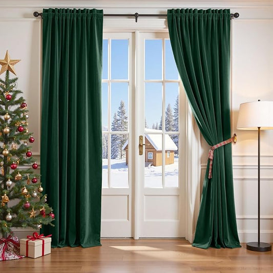 Lazzzy Velvet Blackout Curtains Thermal Insulated Room Window Drapes Super Soft Luxury Curtains for Living Room Bedroom Rod Pocket 2 Panels, Emerald Green, 62" W x 90" L