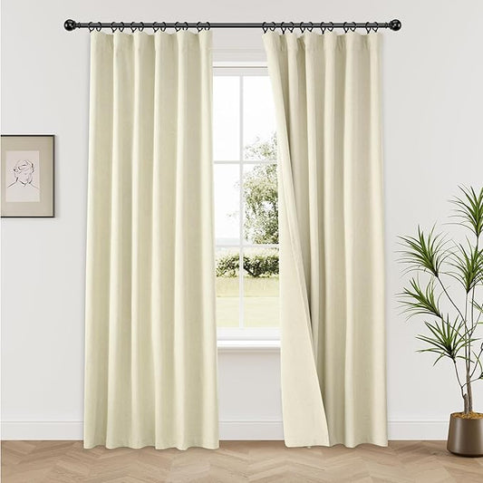 KangBang Extra Wide Blackout Curtains 84 Inches Long-Back Tab Pinch Pleated Linen Textured Window Drapes with Hooks Modern Farmhouse Bedroom Window Treatments for Sliding Door(Cream,2 PCs,72x84 Inch)