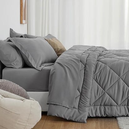 Love's cabin King Size Comforter Set Grey, 7 Pieces King Bed in a Bag, All Season Bedding Sets with 1 Comforter, 1 Flat Sheet, 1 Fitted Sheet, 2 Pillowcase and 2 Pillow Sham
