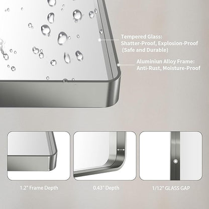 LOAAO 20x16 Inch Brushed Nickel Bathroom Mirror, Rounded Rectangle Silver Metal Frame Mirror, Brushed Nickel, Anti-Rust, Shatter Proof, Hangs Horizontally or Vertically