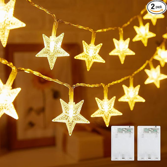 Minetom Star String Lights Battery Operated - 2 Pack 17 ft 50 LED Star Fairy String Lights with Timer, Waterproof for Indoor Bedroom Tent Loft Bed Patio Party Wedding Decor, Warm White