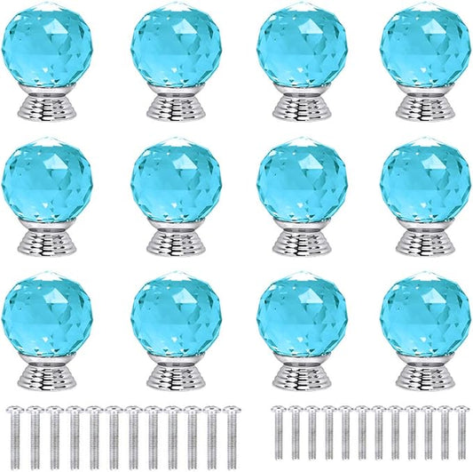 12 Pcs 30mm Round Shape Crystal Glass Cabinet Knobs with Screws Drawer Knob Pull Handle Used for Kitchen, Dresser, Door, Cupboard(Azure)