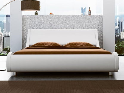 SHA CERLIN King Size Platform Bed Frame - Stylish Low Profile Design, Ergonomic Faux Leather Headboard, No Box Spring Needed, Modern Sleigh Bed, White