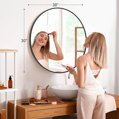 Sweetcrispy Black Round Wall Mirror 30 Inch, Bathroom Mirrors for Over Sink, Wall Decor for Bathroom, Entryway, Bedroom, Vanity