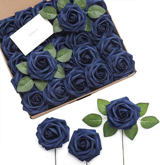 Ling's moment Artificial Flowers 50Pcs Navy Blue Roses Decor w/Stems,3" Real Touch DIY Foam Floral for Wedding Bouquet/Centerpieces, Outdoors Party Backdrop, Room/Table, and Garden/Pot Decorations