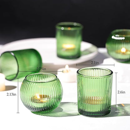 30pcs Assorted Ribbed Green Votive Candle Holders, Green Candle Holders for Wedding Centerpiece, Tea Light Candle Holder for Dinner Table Centerpiece, Home and Party Decorations