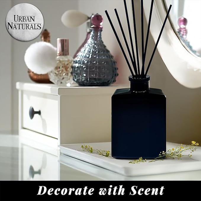 Urban Naturals Holiday Cheer Reed Diffuser Set – Cranberry, Cinnamon, Evergreen, Cedar & Smokey Wood – 5 Ounce Sleek Black Rectangular Refillable Glass Bottle – Made in The USA
