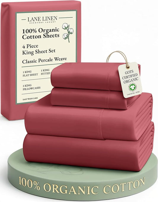 LANE LINEN 100% Organic Cotton Bedsheets King Size Bed, Soft & Comfy Luxury Hotel Style Percale Cooling Sheets King Size, Oeko Tex Certified Sustainably Produced Cotton Sheets- Mineral Red