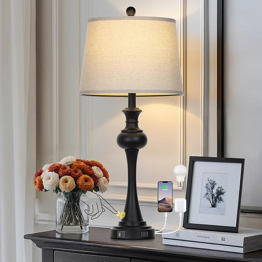 28.75" Black Modern Table Lamps for Living Room, Bedside Lamp with USB A+C Ports & AC Outlets, 3 Way Dimmable Touch Lamps for Living Room,Nightstand Lamp LED Bulb Included (1Pack