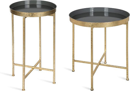 Kate and Laurel Celia Round Metal Foldable Tray Accent Table, Gray with Gold Base