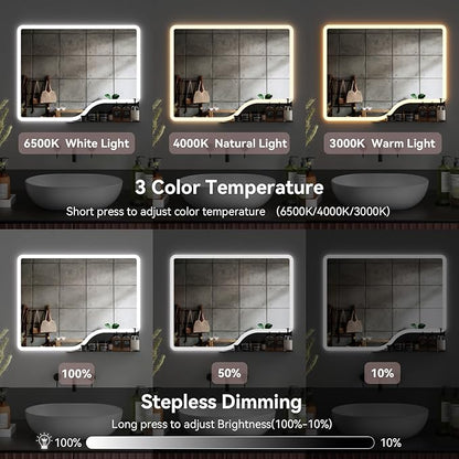 32"x 24" LED Bathroom Mirror with Shelf, 3 Colors Backlit Vanity Mirror with Lights, Wall-Mounted Bathroom Mirror with Lights, Smart Mirror with Anti-Fog, Stepless Dimmable, Memory (UL, ETL)