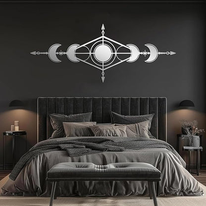 Hfrolixit Moon Phase Metal Wall Decor, Boho Moon Metal Wall Art, Celestial Wall Decor, Scandinavian Natural Wall Art, Astrology Wall Hanging (Silver, 48"x19"/121x49cm)