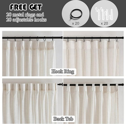 Neutral Linen Sheer Pinch Pleated Sliding Door Curtains, 2x50 Inches Width, Ivory Beige Light Filtering Drapes 102 Inches Long, Textured Farmhouse Floor to Ceiling Window Curtain Panels
