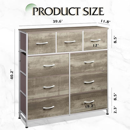 WLIVE 9-Drawer Dresser, Fabric Storage Tower for Bedroom, Hallway, Nursery, Closet, Tall Chest Organizer Unit with Fabric Bins, Steel Frame, Wood Top, Easy Pull Handle, Greige