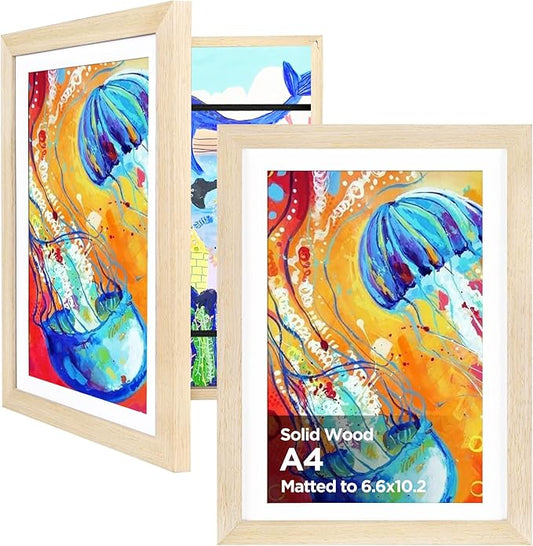 KINLINK A4 Kids Art Frames Set of 2, Solid Wood Kids Artwork Frames Changeable with Acrylic Front Opening Holds 150 Pictures 8.3x11.7, Art Frame for Kids Artwork with Mat or without Mat, Natural