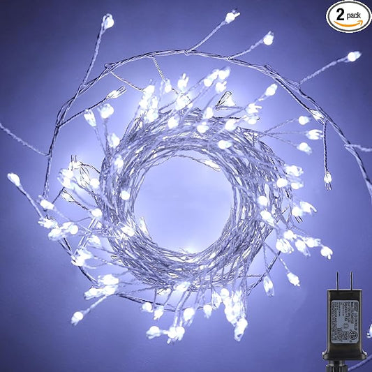 Fairy Lights Plug in, 10Ft 200LED Firecracker Firefly Lights with 8 Mode, Waterproof Silver Wire Cluster Starry String Lights for Ceiling Bedroom Window Wedding Christmas Tree Decoration, Pure White