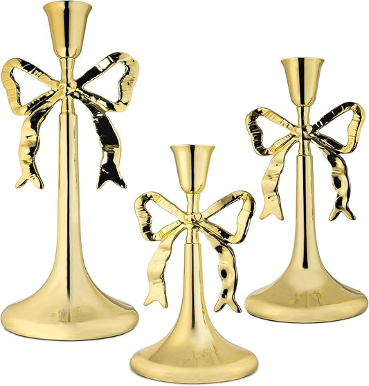 Iris Bow Candle Holders Set of 3, Gold Taper Candlestick Holders, Vintage Decor Perfect for Home Décor Accents, Centerpiece Dining Table Wedding Decor Fireplace Mantel or Housewarming Gift