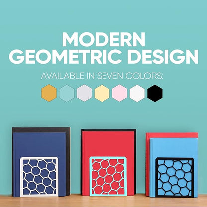 GEOMOD Geometric Honeycomb Turquoise Metal Bookends Decorative - Tall Sturdy Book Ends for Shelves - Modern Heavy Duty Bookend Stopper - Office Shelf Book Holder - 6x3.25x6.25 Inches - 1 Pair