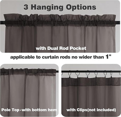 Chyhomenyc Black Sheer Curtains 45 Inches Length 2 Panels, Light Filtering Soft Airy Curtain Drapes for Bathroom Living Room Bedroom Small Windows, Each 42W x 45L inches