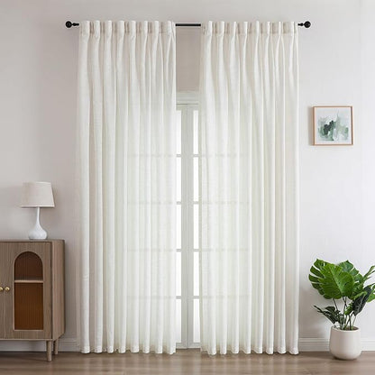 Neutral Linen Sheer Pinch Pleated Sliding Door Curtains, 2x50 Inches Width, Ivory Beige Light Filtering Drapes 102 Inches Long, Textured Farmhouse Floor to Ceiling Window Curtain Panels