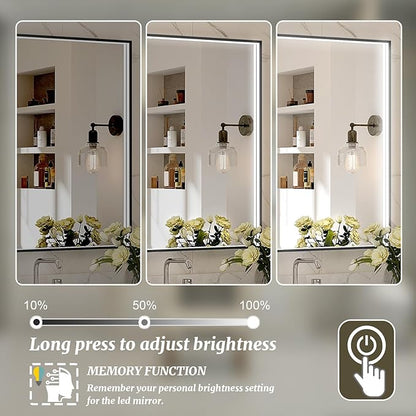 40x28 Inch LED Bathroom Mirror, Black Metal Framed Lighted Mirror for Bathroom, Wall Mouted LED Vanity Mirror with Lights, 3 Colors and Stepless Dimmable, Anti-Fog, Memory