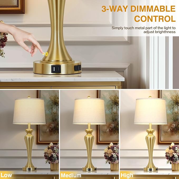 30" Gold Tall Table Lamps for Living Room, Touch Control Bedroom Lamp with USB A+C Ports and AC Outlet, 3-Way Dimmable Bedside Table Lamps Set of 2, Modern Metal Lamp for Nightstand