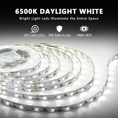 dalattin White LED Strip Lights, 20ft Dimmable Super Bright 24V Led Tape Light 6500K 360 LEDs Lights for Bedrooms, Mirror, Kitchen, Home Decoration Daylight White