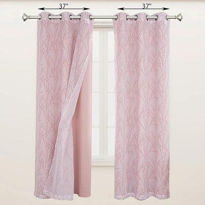 BONZER Mix and Match Curtains - 2 Pieces Branch Print Sheer Curtains and 2 Pieces Blackout Curtains for Bedroom Living Room Grommet Window Drapes, 37x63 Inch/Panel, Blush, Set of 4 Panels