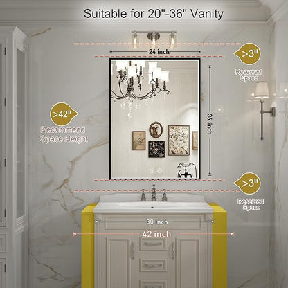 36x28 Inch LED Bathroom Mirror with Light,Black Metal Frame Lighted Vanity Anti Fog Dimmable Touch Switch