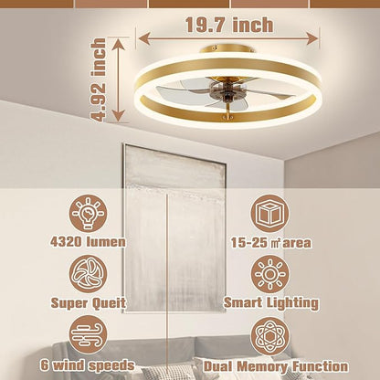 VOLISUN Low Profile Ceiling Fans with Lights and Remote, 19.7in Flush Mount Ceiling Fans with Light, 3000K-6500K Dimmable Fandelier LED Fan Light, Gold Bladeless Ceiling Fans with Lights for Bedroom