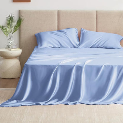 Love's cabin Satin Queen Sheets Set - 4 Piece Sky Blue Silky Bed Sheets with Deep Pocket, Luxury Silk Feel Satin Queen Size Sheet Set (1 Flat Sheet,1 Fitted Sheet,2 Pillow Cases)