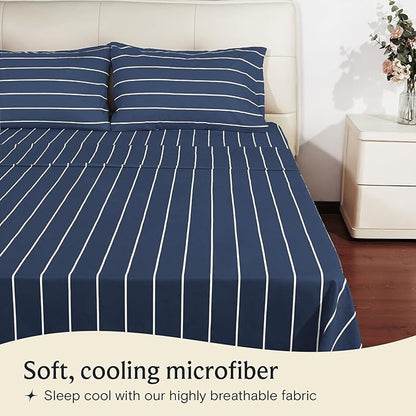 LuxClub 4 PC Cal King Size Sheet Set Bed Sheets, Breathable Luxury Deep Pockets Wrinkle Free Cooling Sheets Machine Washable Hotel Bedding (Cal King, Striped Navy)