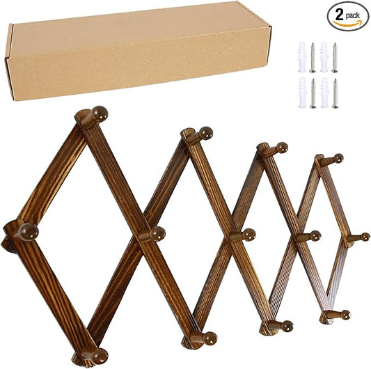 AMAPON Accordion Style Expandable Wall Wooden Coat Rack 13 Hooks (Pegs) Hang Hats Jackets Coffee Mug Purses Necklaces Towels Cap Leash Scarves Data Line Kitchenware (Walnut 2 Pack)