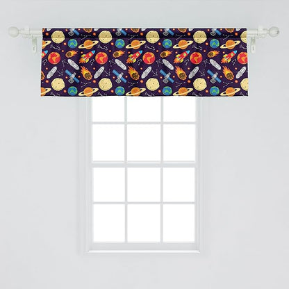 Ambesonne Space Window Valance, Universe Themed Illustration with Earth Moon Constellations Saturn Rockets Stars, Curtain Valance for Kitchen Bedroom Decor with Rod Pocket, 54" X 18", Dark Night Blue