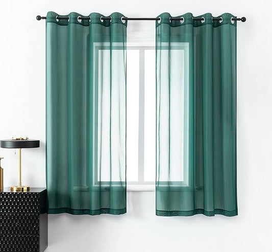 DUALIFE Hunter Green Sheer Curtains 54 Inch Length,Look Semi Sheer Curtain Drapes for Living Room Bedroom Loft Kitchen Bathroom Privacy Voile Window Treatment Panels,52 x 45 Inches,Set of 2