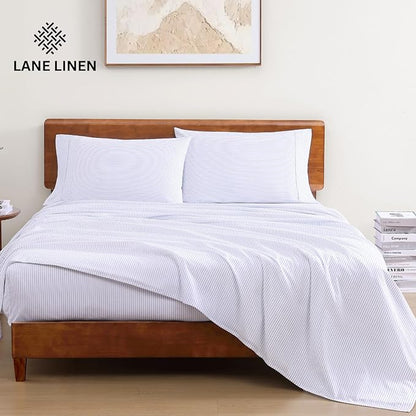 LANE LINEN 100% Organic Cotton Twin XL Sheets Set 3-Piece Pure Percale Bedsheets Bedding Breathable Fits Mattress Upto 15" Deep - Blue Ticking Stripe