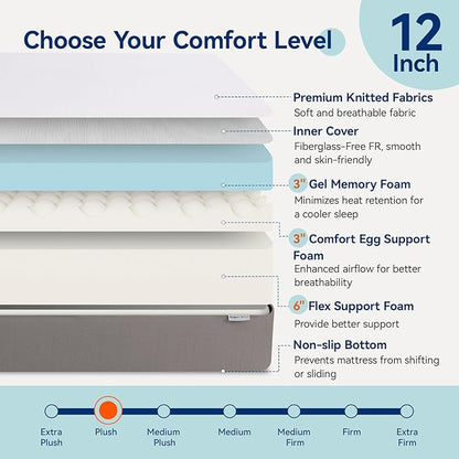 Amazon Basics Memory Foam Mattress, Soft Plush Feel, 12 Inch, Queen, White/Grey