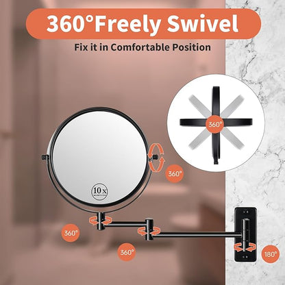 8" Wall Mounted Makeup Mirror with 1X 10x Magnification, Extendable Magnifying Mirror Two-Sided Swivel, Black