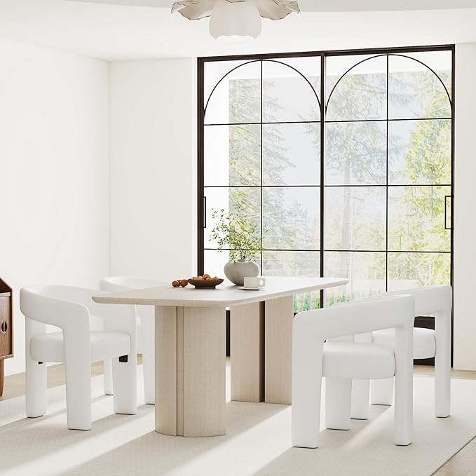 Set of 4 Modern Barrel Dining Chairs, White PU Leather Upholstered Accent Side Chair with Arms Comfy Makeup Vanity Chairs, Dining Living Room Kitchen Chairs