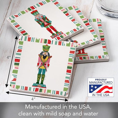 Thirstystone Holiday Nutcrackers 4 Pack Assorted Tumbled Tile Stone Coasters with Protective Cork Backing 4" Square Manufactured in The USA