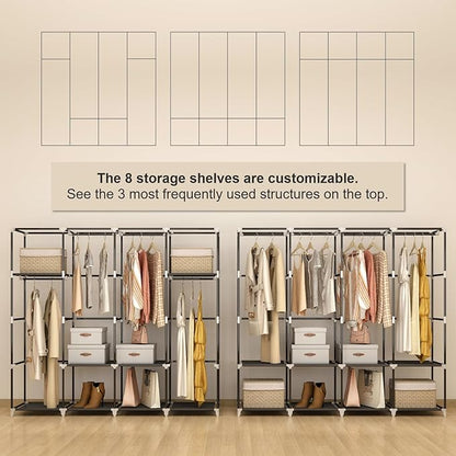 Portable Closet Wardrobe, 67-Inch Clothes Organizer with 4 Hanging Rods and 8 Shelves, Non-Woven Fabric Cover, Large Capacity Storage for Bedroom and Living Room, Black