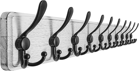 Dseap Coat Rack Wall - Heavy-Duty 38-1/4" Long, with Reinforced 10 Custom Tri-Hooks, Solid Wood Wall Hanger for Coats Hat Jackets - Rustic Farmhouse Entryway Hallway Storage, White & Black